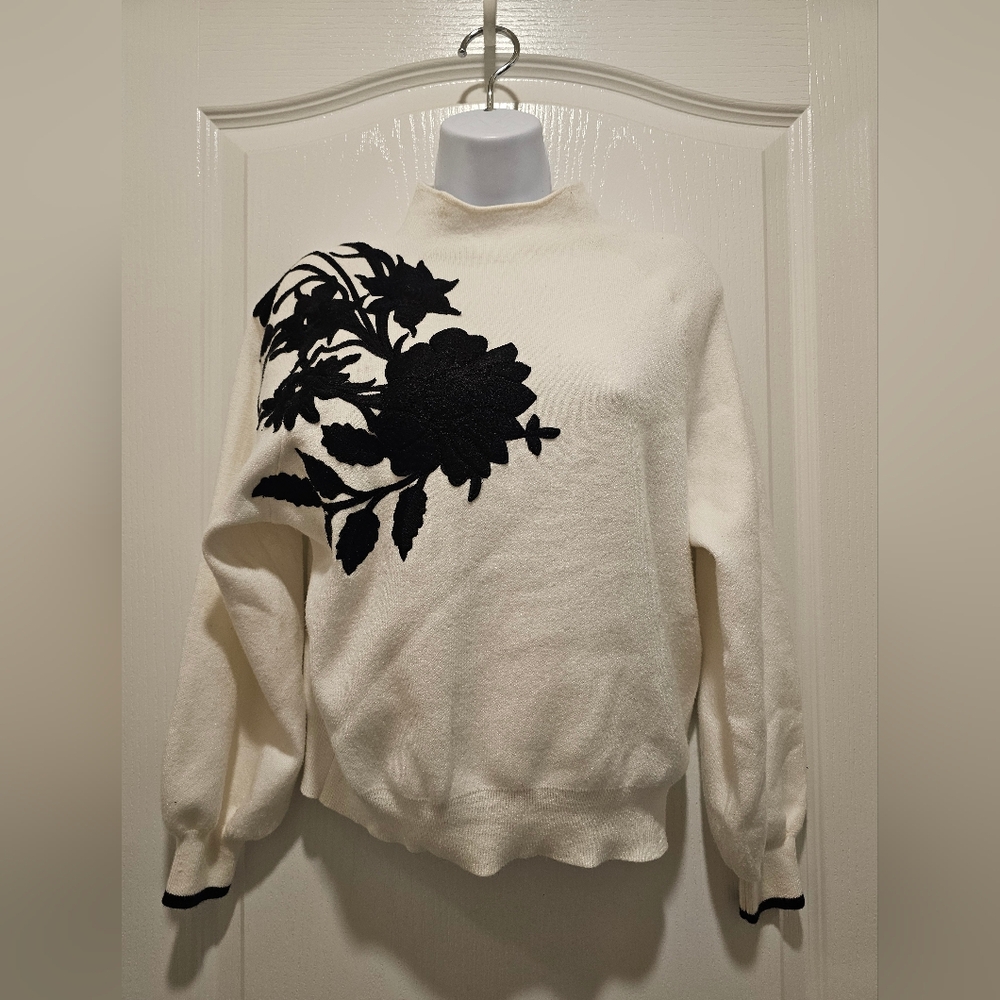 Anthropologie White & Black Mock Neck Sweater With Black Floral Embroidery XS